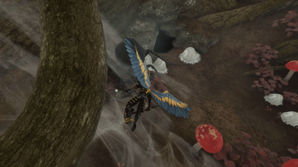 Player glides through forest terrain in Smalland: Survive the Wilds