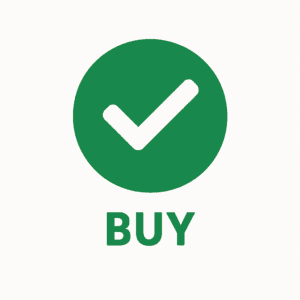 Green circle with a white checkmark and the label BUY