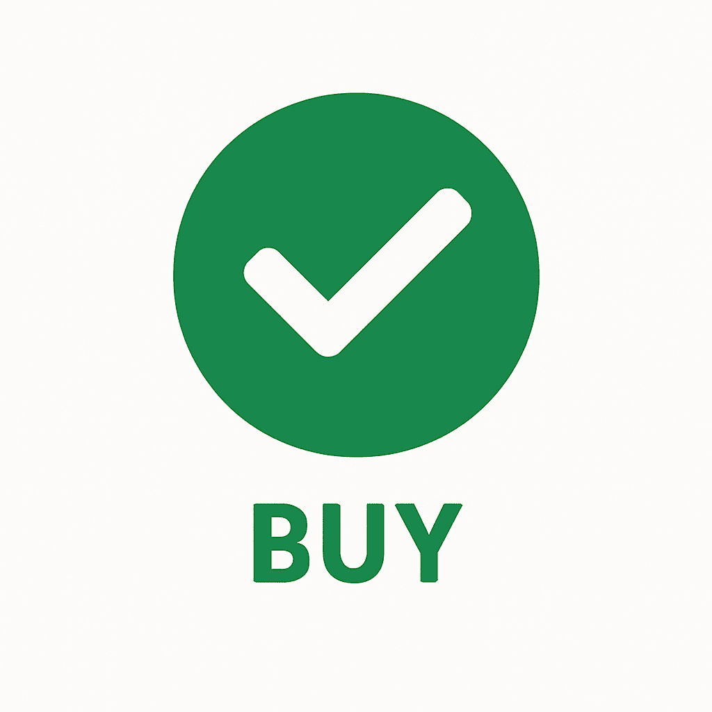 Green circle with a white checkmark and the label BUY