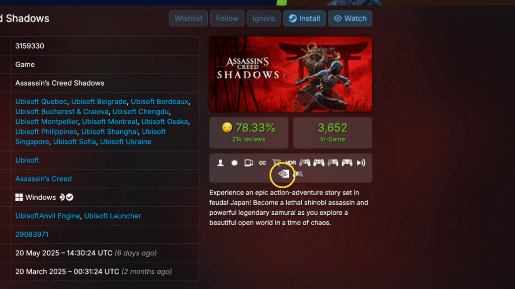 Steam screenshot showing Assassin’s Creed Shadows with GeForce NOW support icon highlighted