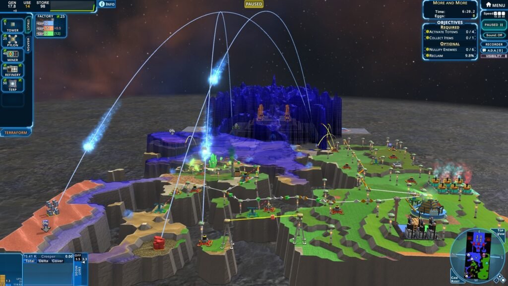 A top-down view of a Creeper World 4 map, showing a blue, fluid-like substance (the Creeper) spreading across a geometric landscape, with player-controlled structures and units defending against it.