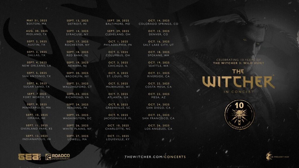 The Witcher 3 10th Anniversary concert tour dates across the US for 2025 with Geralt in the background