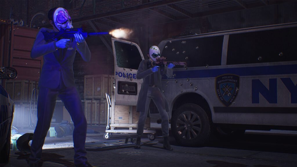 PAYDAY 3 Party Powder heist screenshot showing masked players in a shootout beside a bullet-riddled NYPD van