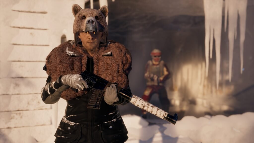 Permafrost game screenshot showing a survivor in a bear-hooded outfit holding a rifle in a frozen environment