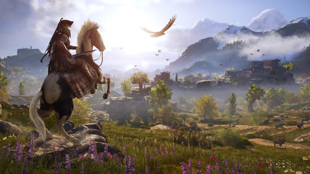 A screenshot from Assassin's Creed Odyssey showing the protagonist, Kassandra, riding a horse through a lush, sunlit Greek landscape with ancient ruins and a city in the distance.