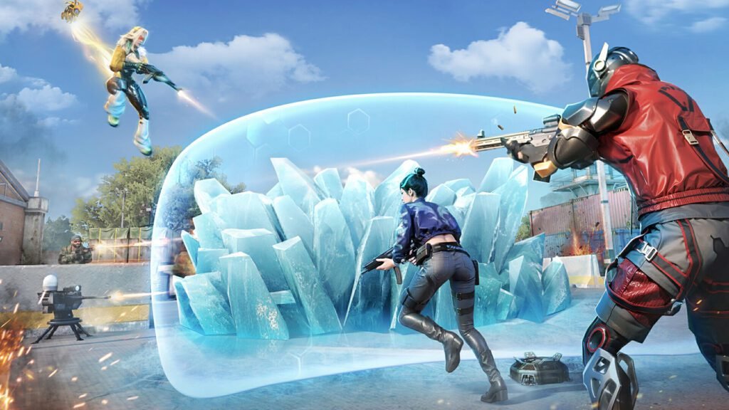 Blood Strike screenshot showing futuristic operators using ice shield abilities and engaging in a fast-paced gunfight