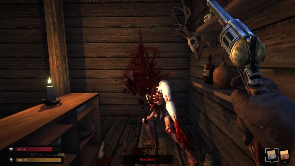 Pixelated first-person shooter scene from Blood West showing a revolver headshot in a wooden cabin