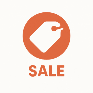 Orange circle with a white price tag and the label SALE