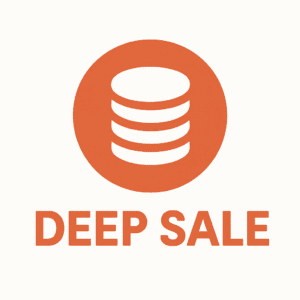 Orange circle with a white stack of coins and the label DEEP SALE