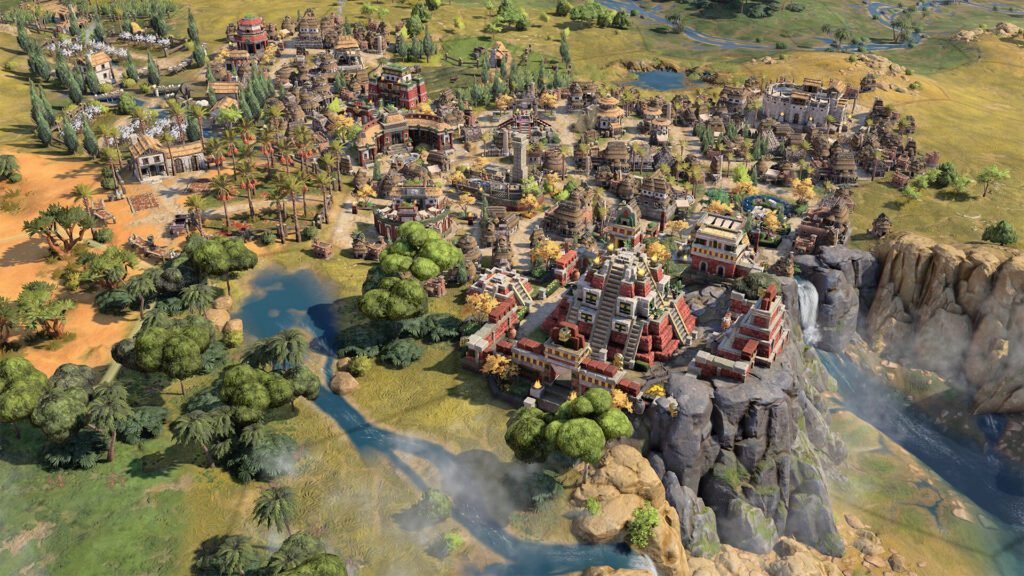 Civilization VII city layout with rivers, temples, and dense districts