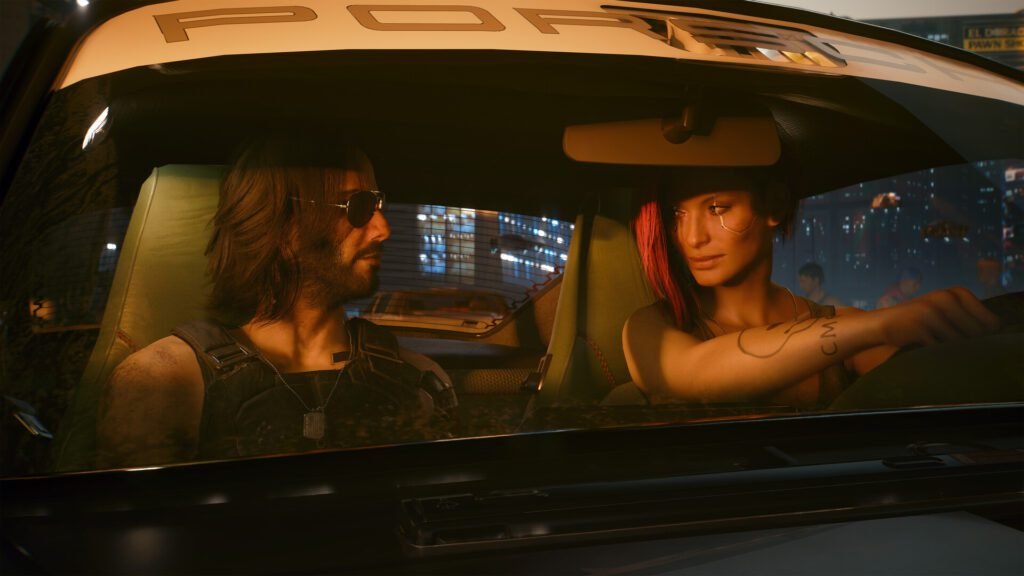 Cyberpunk 2077 characters Johnny Silverhand and V driving a car