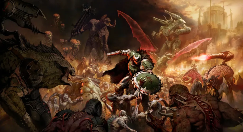 A dark and intense artwork for Doom: The Dark Ages, featuring the Doom Slayer in green armor wielding a shield and a weapon amidst a chaotic battle against numerous demonic creatures and a large, mechanical enemy, set against a fiery and stormy sky.
