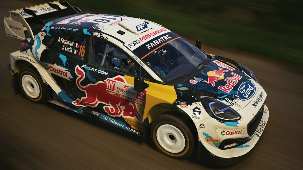 EA Sports WRC Ford rally car close-up in motion