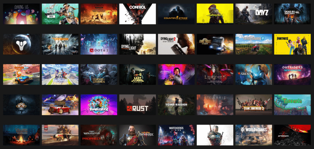 Screenshot of the GeForce NOW library showing a grid of popular games like Among Us, Apex Legends, Cyberpunk 2077, and more