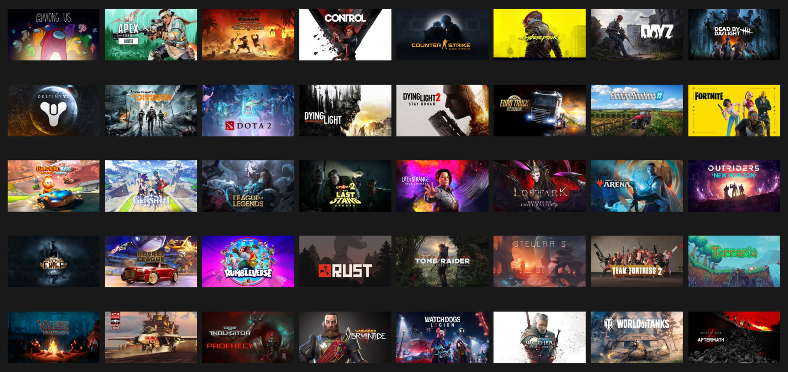 Screenshot of the GeForce NOW library showing a grid of popular games like Among Us, Apex Legends, Cyberpunk 2077, and more
