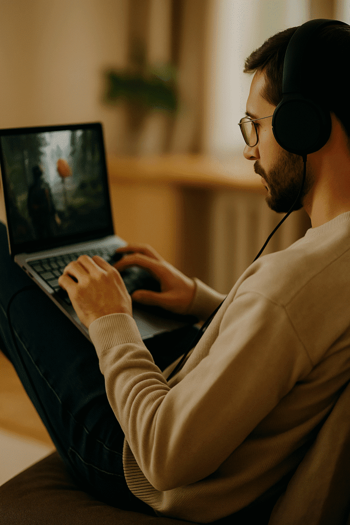 Cloud gaming at home A young man with headphones playing a game on a laptop in a cozy room.