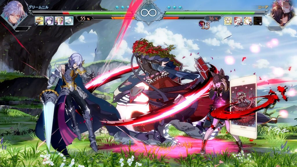 Granblue Fantasy Versus: Rising screenshot showing a dramatic special move clash between Grimnir and Nier