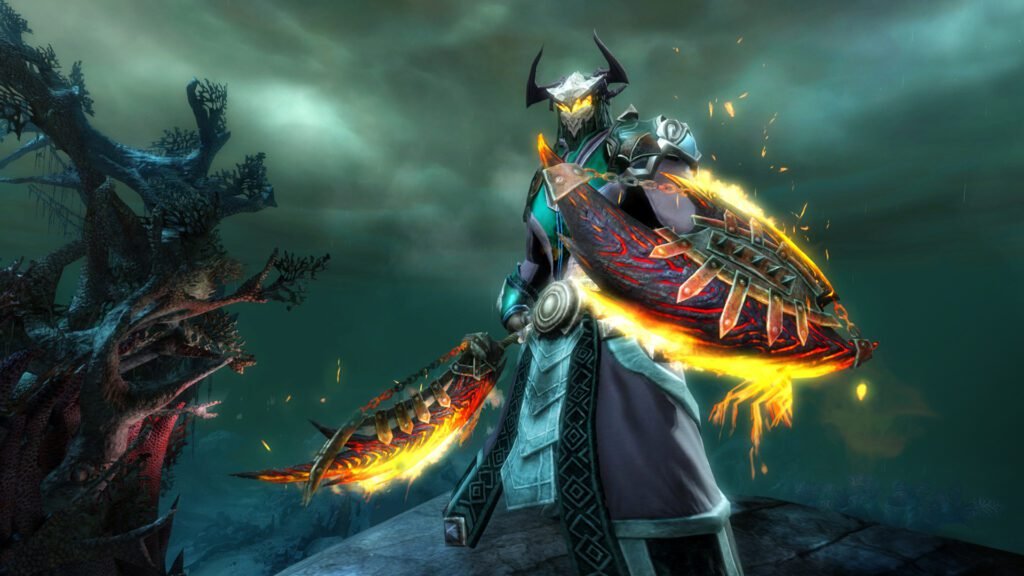 Guild Wars 2 warrior with flaming weapons in dark forest
