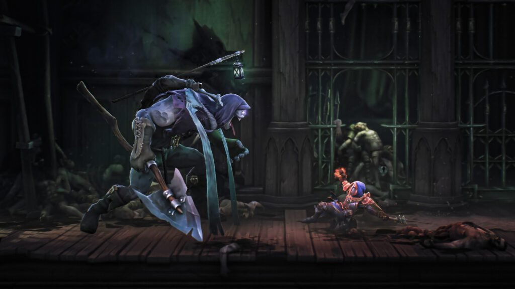 Mandragora: Whispers of the Witch screenshot showing a player confronting a towering reaper-like enemy in a dark gothic dungeon