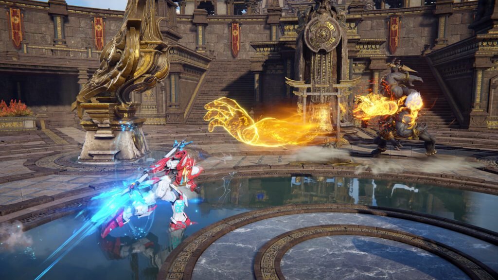 NARAKA: BLADEPOINT screenshot of a mech warrior clashing with a fiery giant in an ornate battle arena