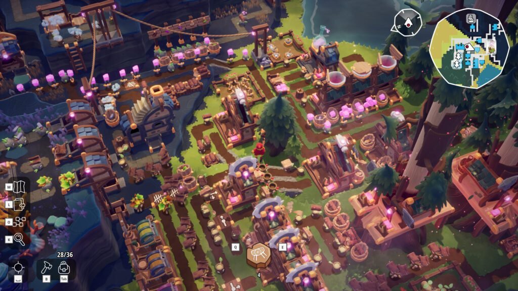 Oddsparks gameplay showing a dense fantasy town with automation lines and crafting buildings