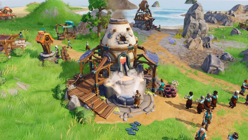 Pioneers of Pagonia screenshot showing villagers working around a smelter in a colorful seaside settlement
