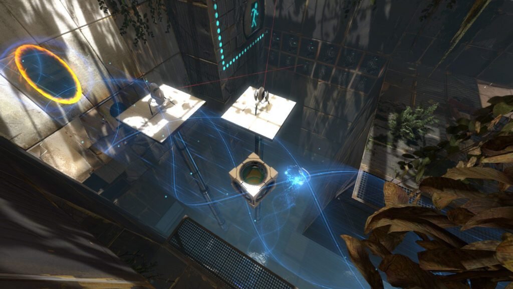 A screenshot from Portal 2 showing a first-person perspective of a character looking through a blue portal at a futuristic, sterile testing chamber with white walls, a black and white tiled floor, and various scientific equipment.