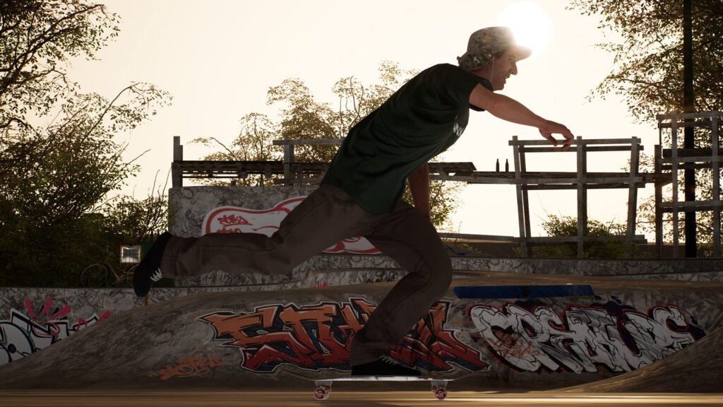 Session Skate Sim screenshot of a skater pushing off at a graffiti-covered skatepark at sunset