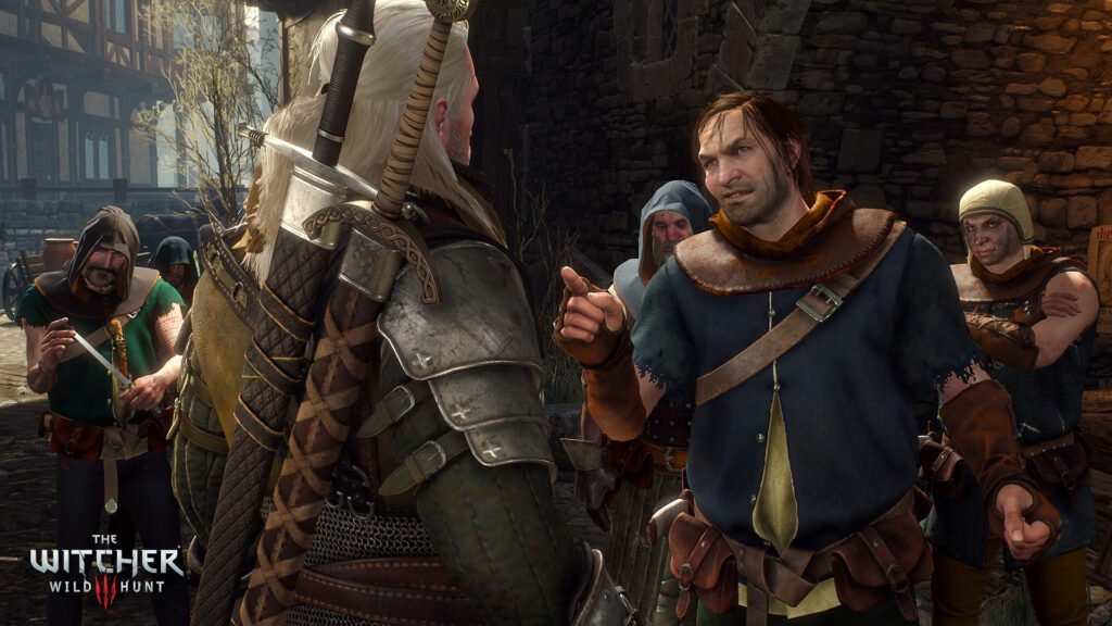 Geralt of Rivia confronts a group of hostile townsfolk in The Witcher 3: Wild Hunt
