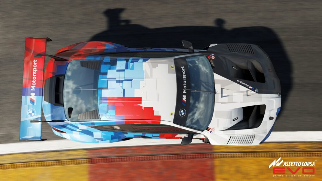 Top-down view of a BMW M4 GT3 race car in Assetto Corsa Evo
