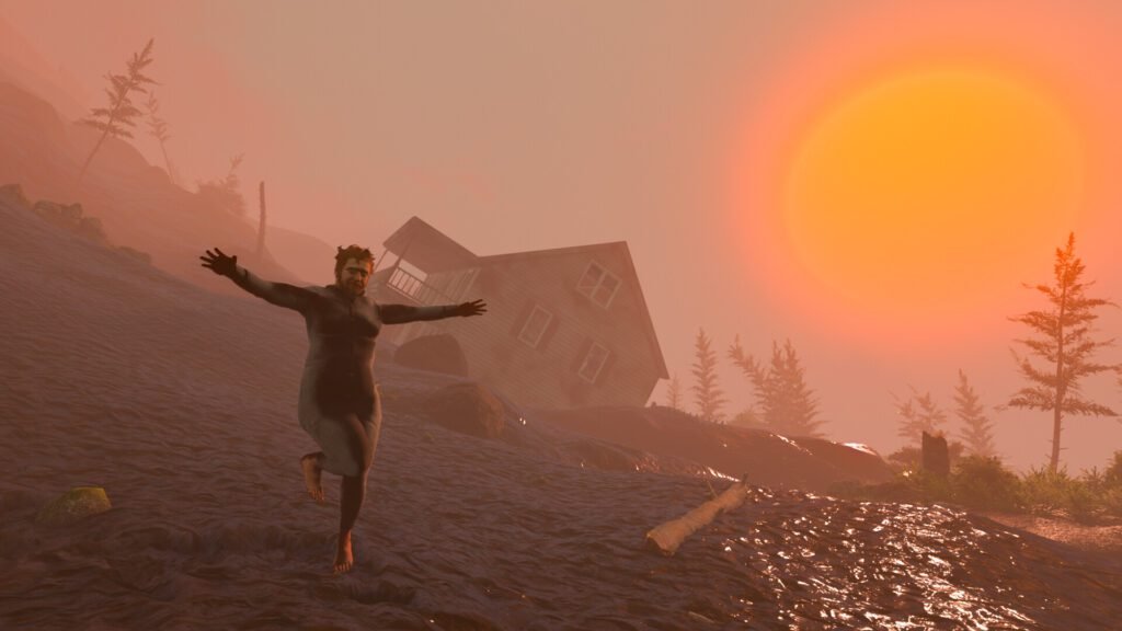 A man joyfully stumbling downhill at sunset with a tilted house in the background