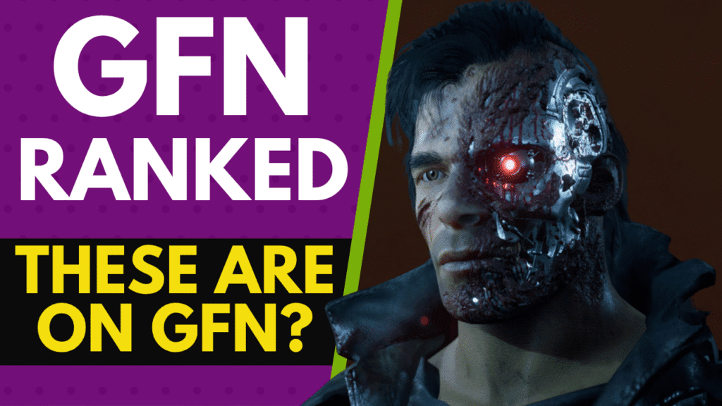 Terminator cyborg face with glowing red eye beside GFN Ranked text