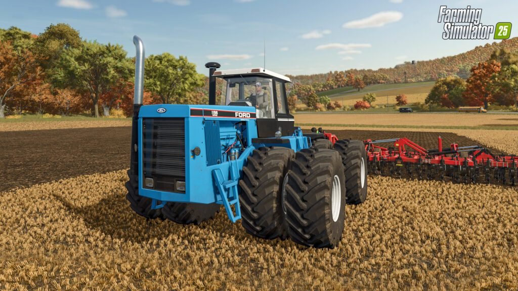 A blue Ford 1156 tractor working a field in Farming Simulator 25.