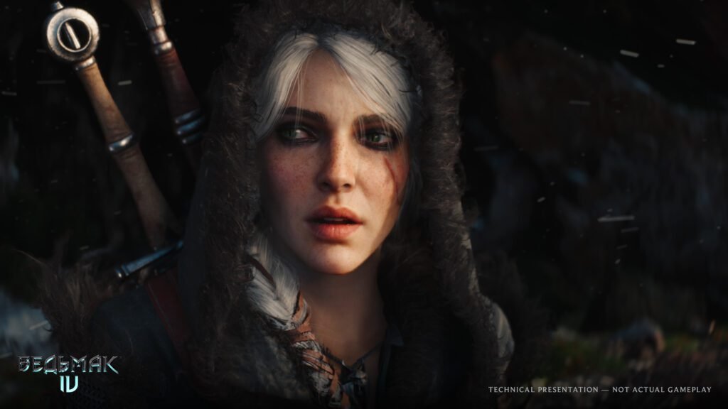 Close-up of Ciri’s face wearing a hood, showing detailed textures and emotional expression.