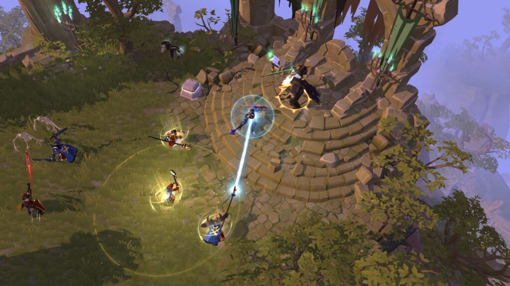 A group of players battle at a ruined stone altar in Albion Online