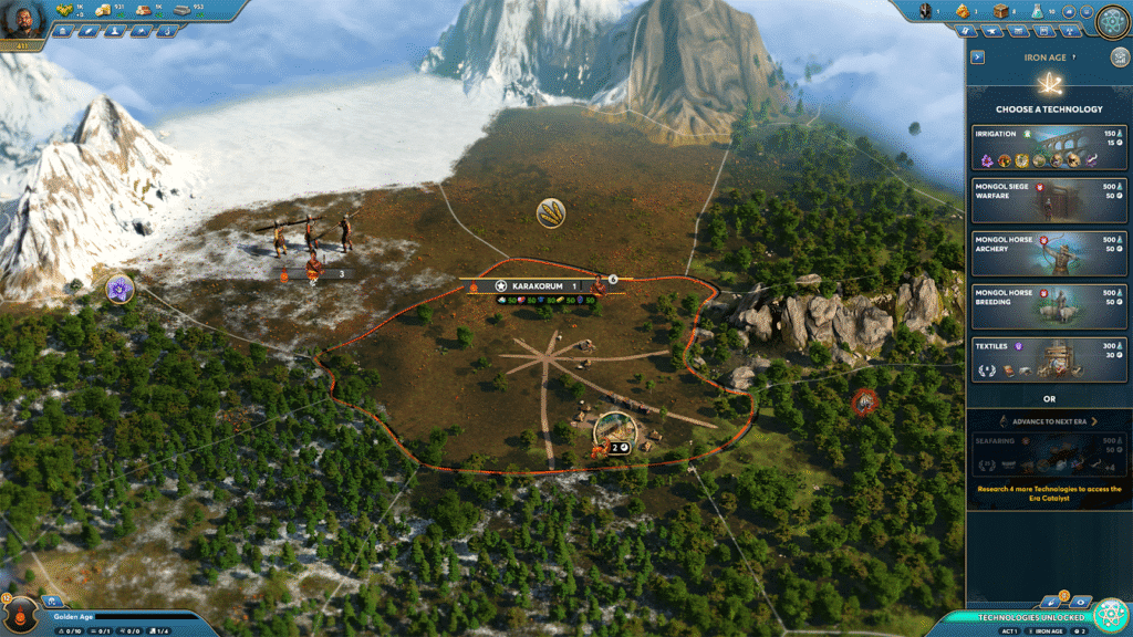 Early-game Mongol city view with tech tree options in Ara: History Untold