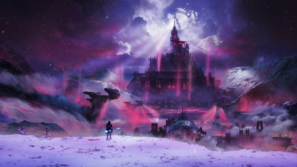 A lone survivor overlooking the glowing fortress in ARK: Lost Colony DLC