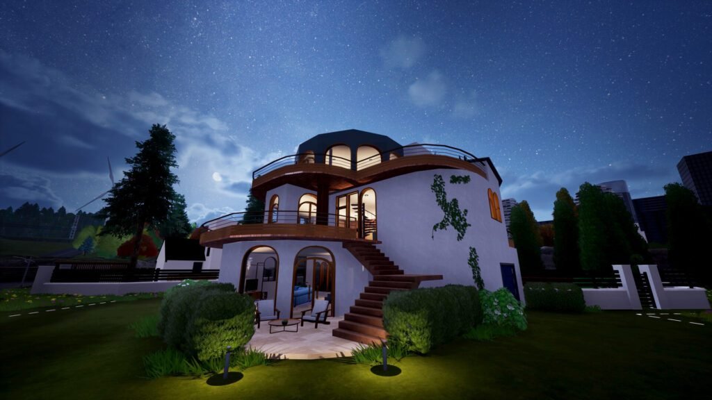 Modern curved house under a starry night sky in Architect Life