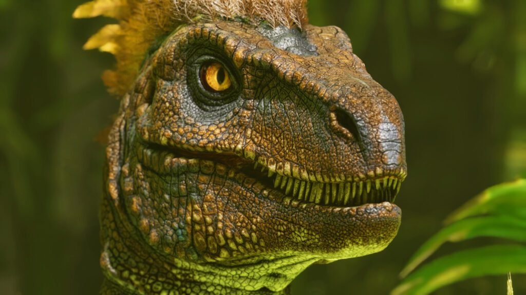 A close-up of a detailed dinosaur with golden eyes and scaly skin in a lush jungle