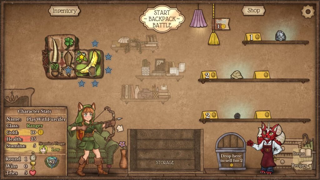 A whimsical shop screen featuring a ranger character preparing for a strategic backpack battle