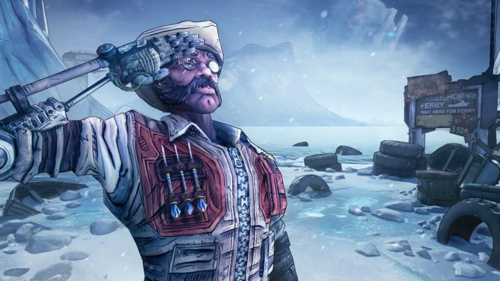 A moustached character salutes dramatically in a snowy wasteland with icy mountains and a damaged ferry sign in the background