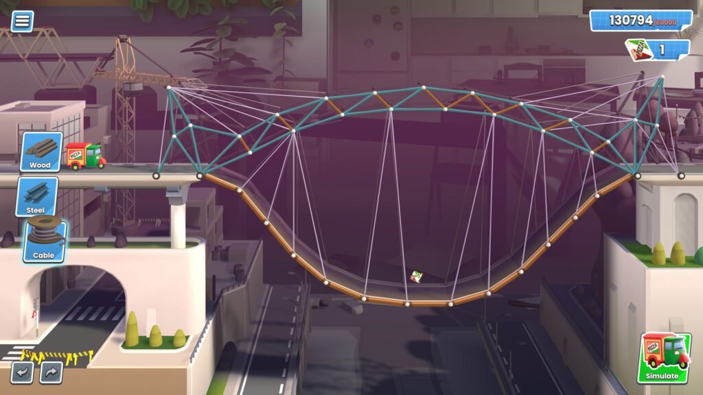 Gameplay screen from Bridge Constructor Studio showing a complex cable-supported bridge