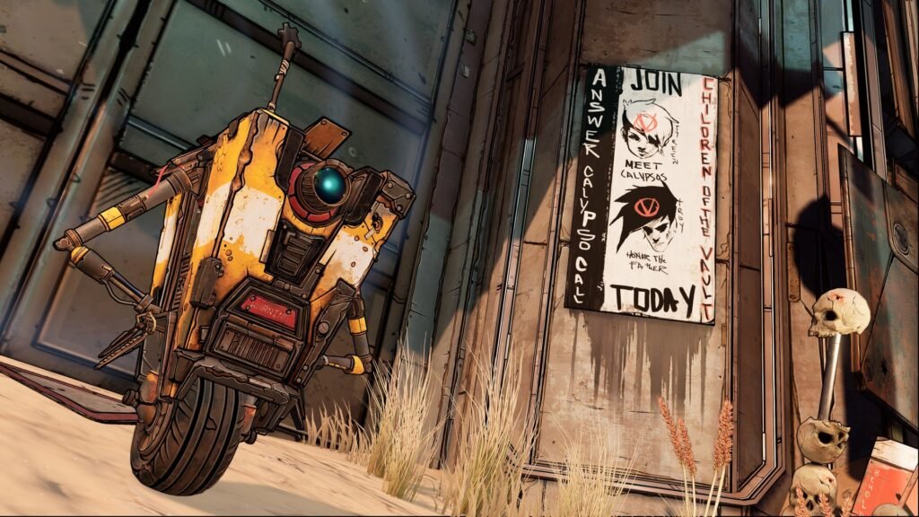 A screenshot from Borderlands 3 showing the character Claptrap next to a weathered propaganda poster for the "Children of the Vault." The scene has a cel-shaded art style, with a rusted metal wall and dry vegetation.