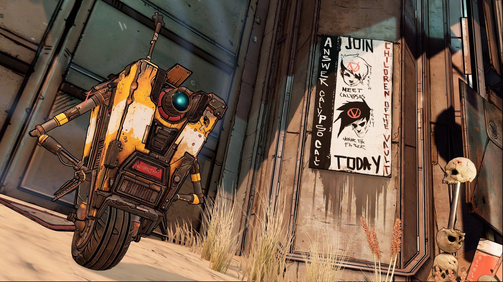 A screenshot from Borderlands 3 showing the character Claptrap next to a weathered propaganda poster for the "Children of the Vault." The scene has a cel-shaded art style, with a rusted metal wall and dry vegetation.