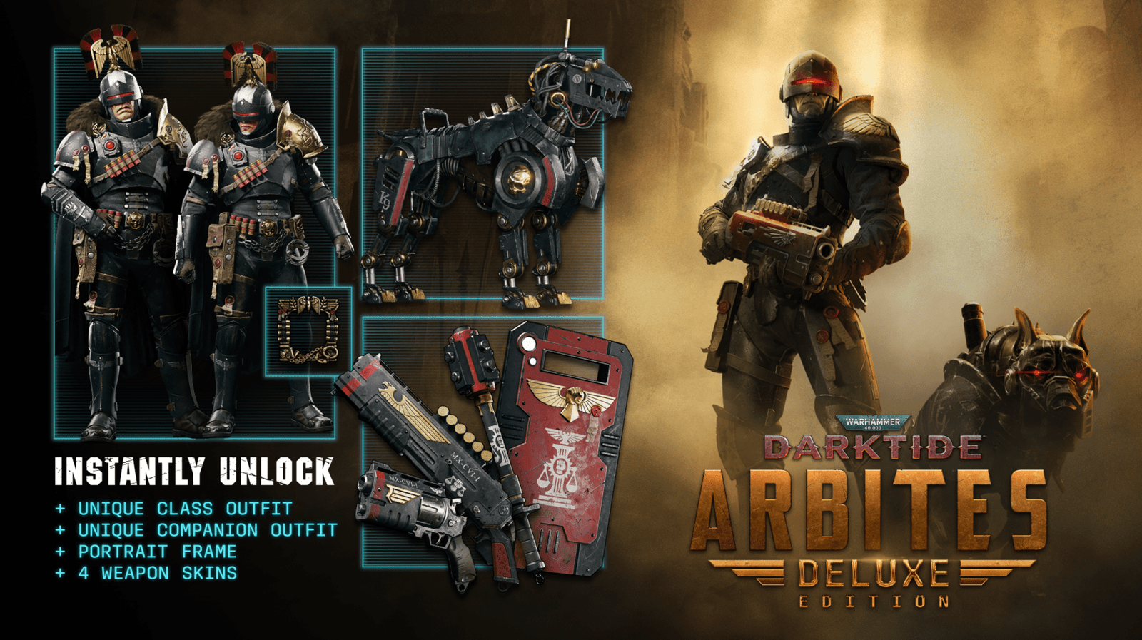 Warhammer 40K Darktide Arbites Edition with armored character, cyber-dog, and weapons