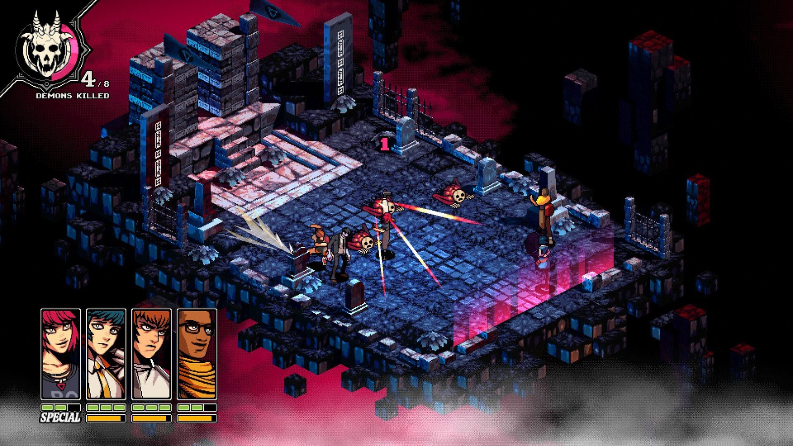 Turn-based battle scene in Demonschool showing four students fighting demons on a gothic grid map