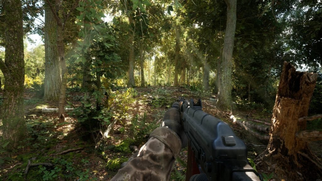 First-person shooter view in a dense forest from DREADZONE