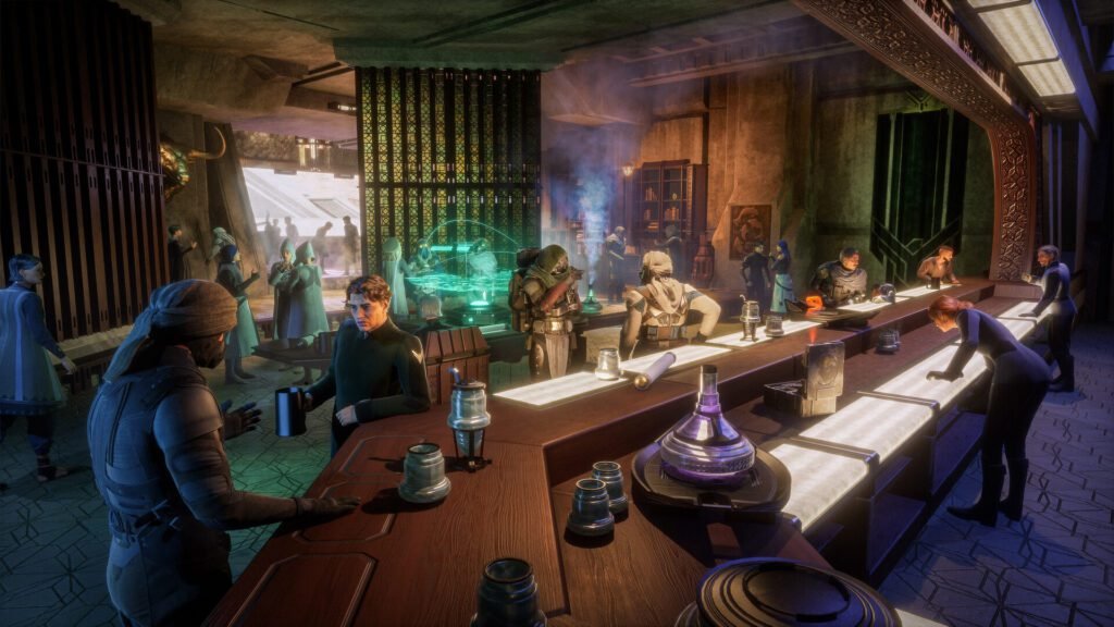 A futuristic bar filled with patrons from the Dune universe