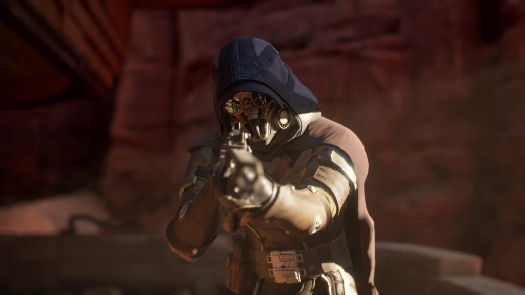 A masked figure in tactical armor points a gun directly at the viewer in a sunlit canyon