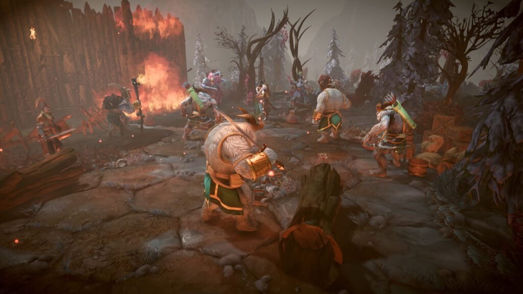 Frosthaven battle scene featuring player characters in tactical combat near a burning outpost